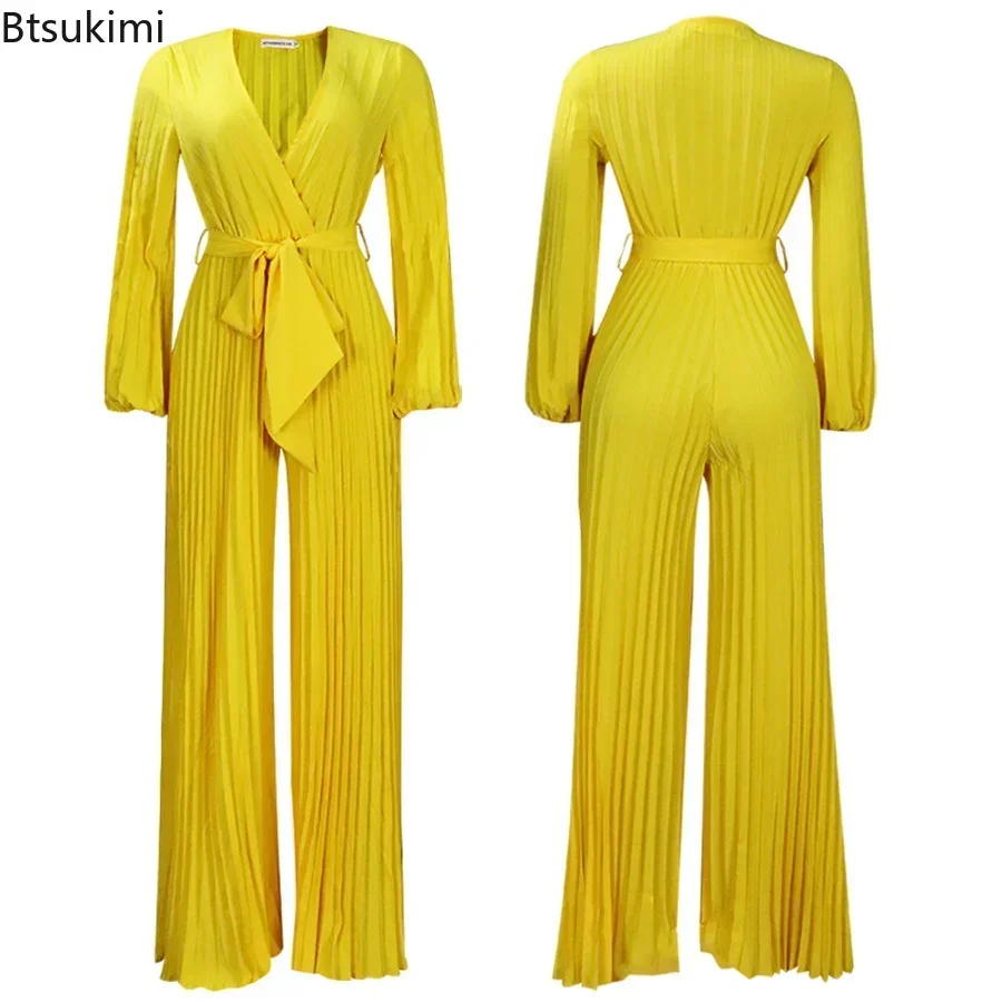 2025 Women's Summer Jumpsuit Solid V Neck Pleated High Waisted Lady Club Party Evening Clothing Female Fashion Loose Overalls