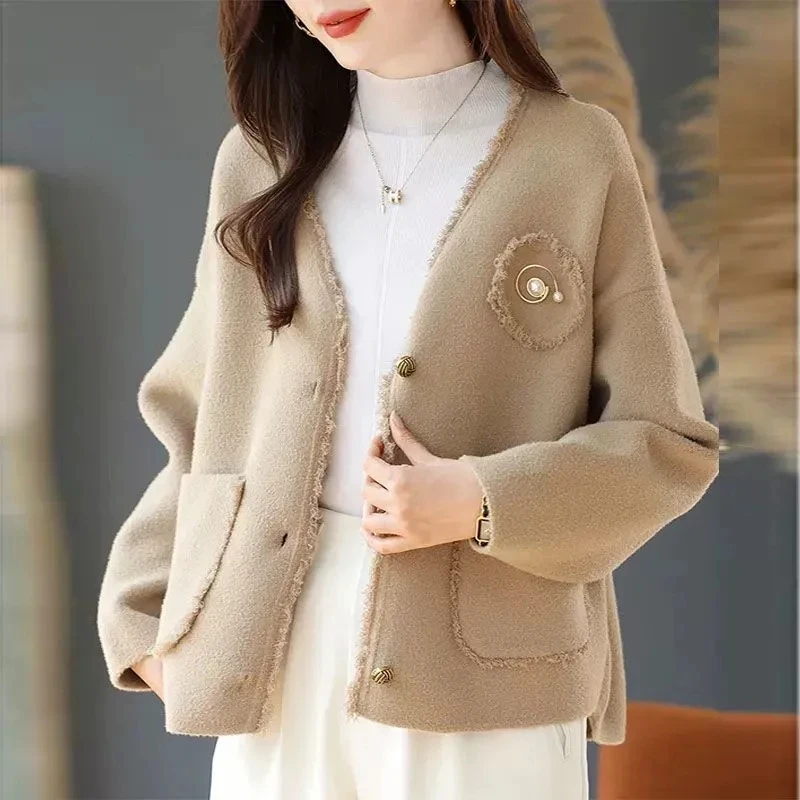 

Women Wool Jacket 2025 Autumn Winter V-neck Advanced Sense Ladies Woolen Coat Korean Version Temperament Female Outerwear