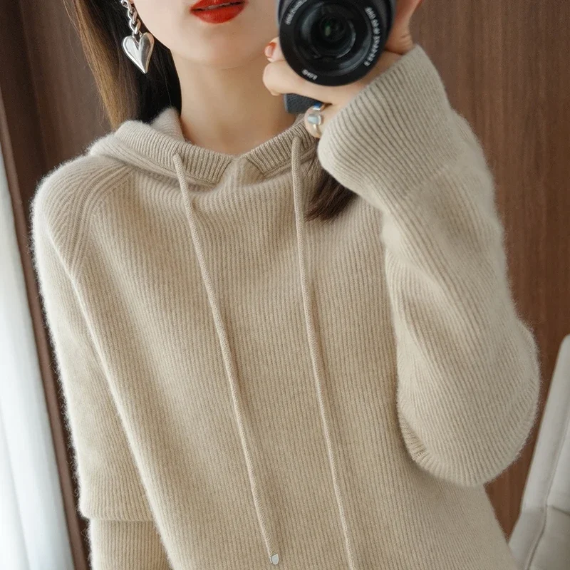 

100% Pure Wool Cashmere Sweater Spring /Autumn Women Hooded Collar Pullover Casual Knitted Warm Top Korean Long-sleeved Jacket