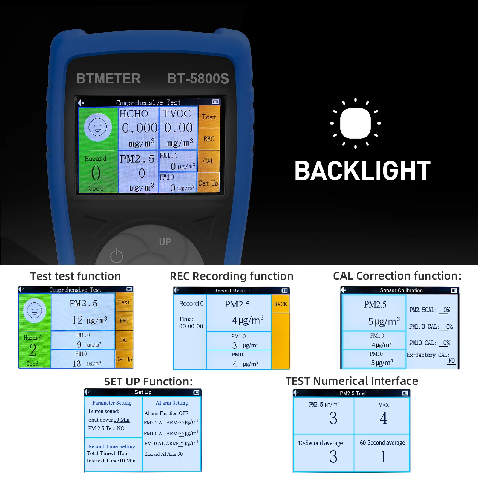 BT-5800S 3 in 1 Air Quality Monitor, Formaldehyde Detector to Test PM2.5, PM10, HCHO, TVOC, USB Rechargeable for Indoor, Outdoor