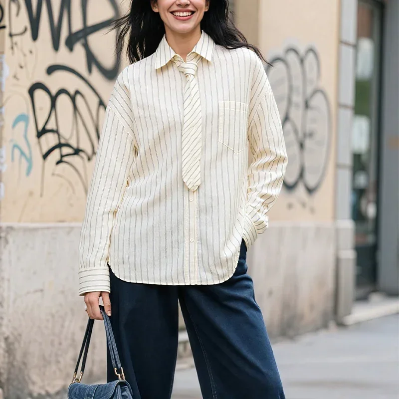 2025 nouveau automne femmes mode chemise rayé cravate bouton conception chemise ample 2025 femmes lieu de travail décontracté Adaptation chemise