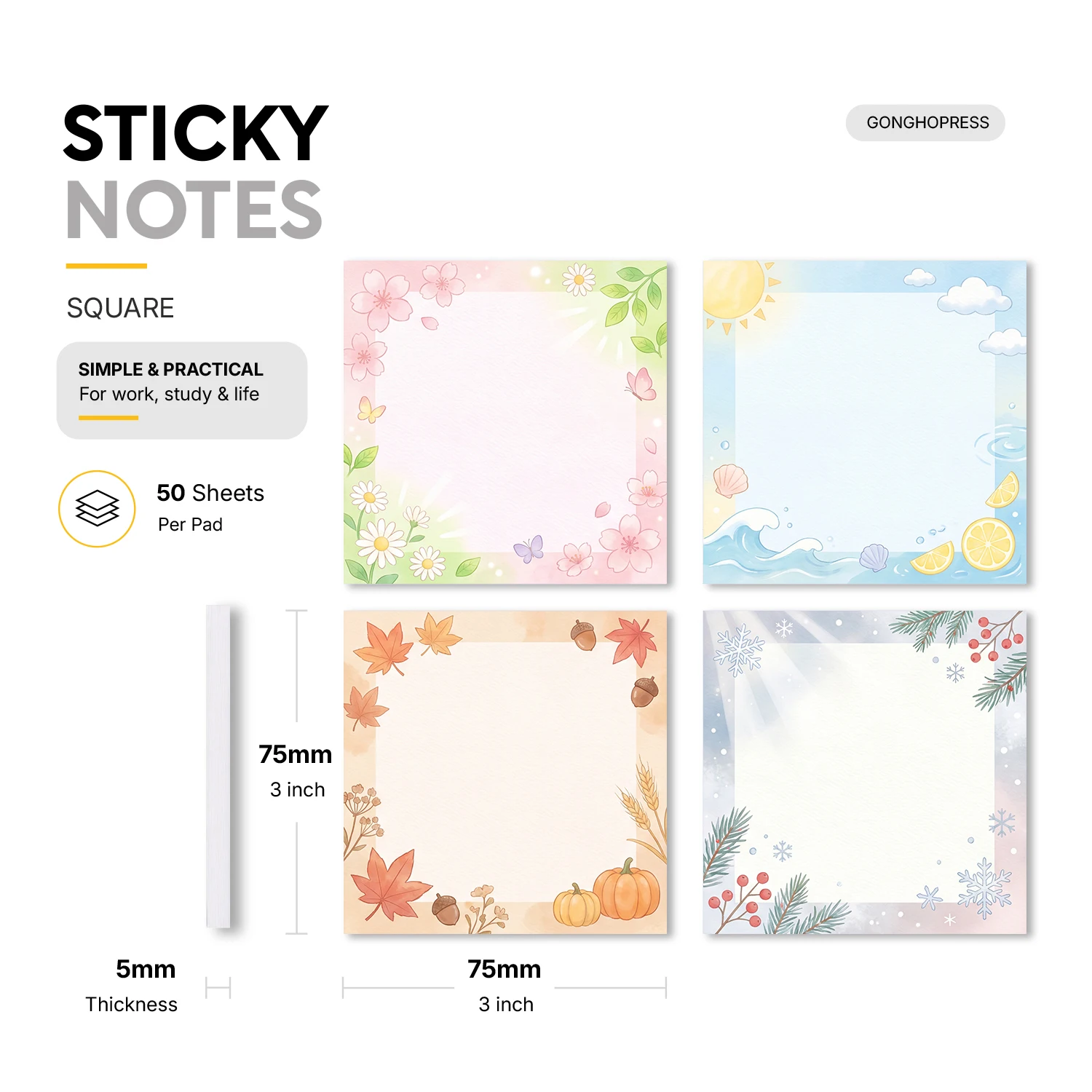 4pcs Four Seasons Sticky Notes Set, Spring Summer Autumn Winter Self Stick Memo Pads, 200 Sheets Total, Seasonal Nature Notepads