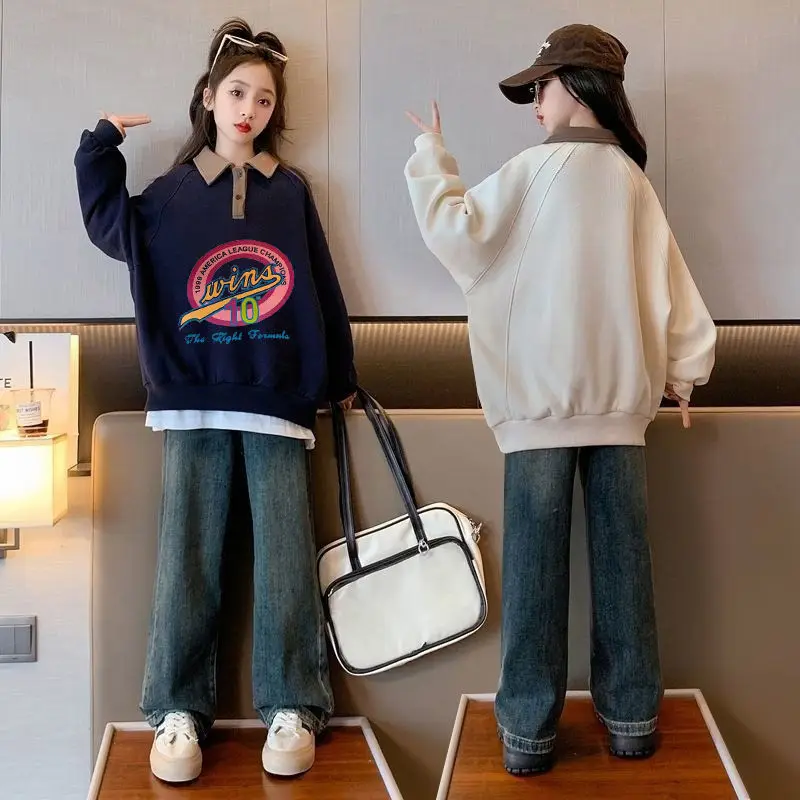 2025 New Autumn/Winter Tween Girls' Loose Fit Korean Style Stylish Casual Polo Collar Sweatshirt Outerwear