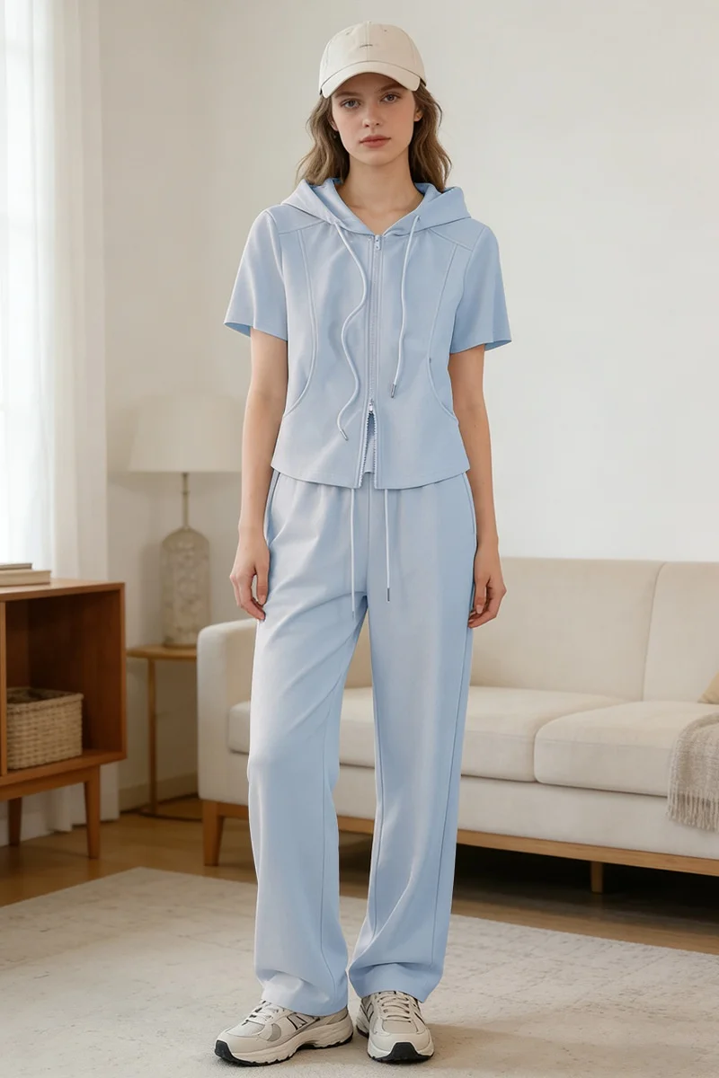 Modische 2-teilige Sets für Damen, Sommer-Outfit 2026, Kurzarm-Kapuzenjacke mit Reißverschluss und Hosenanzug, Lässiger Trainingsanzug für Frauen