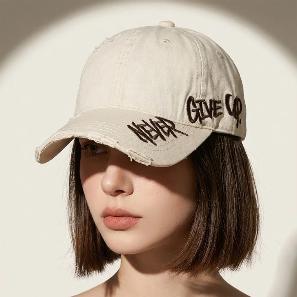 American-style Frayed Hole-sided Three-dimensional Embroidery Curved Brim Baseball Cap, Street Style Sun Protection Peaked Cap
