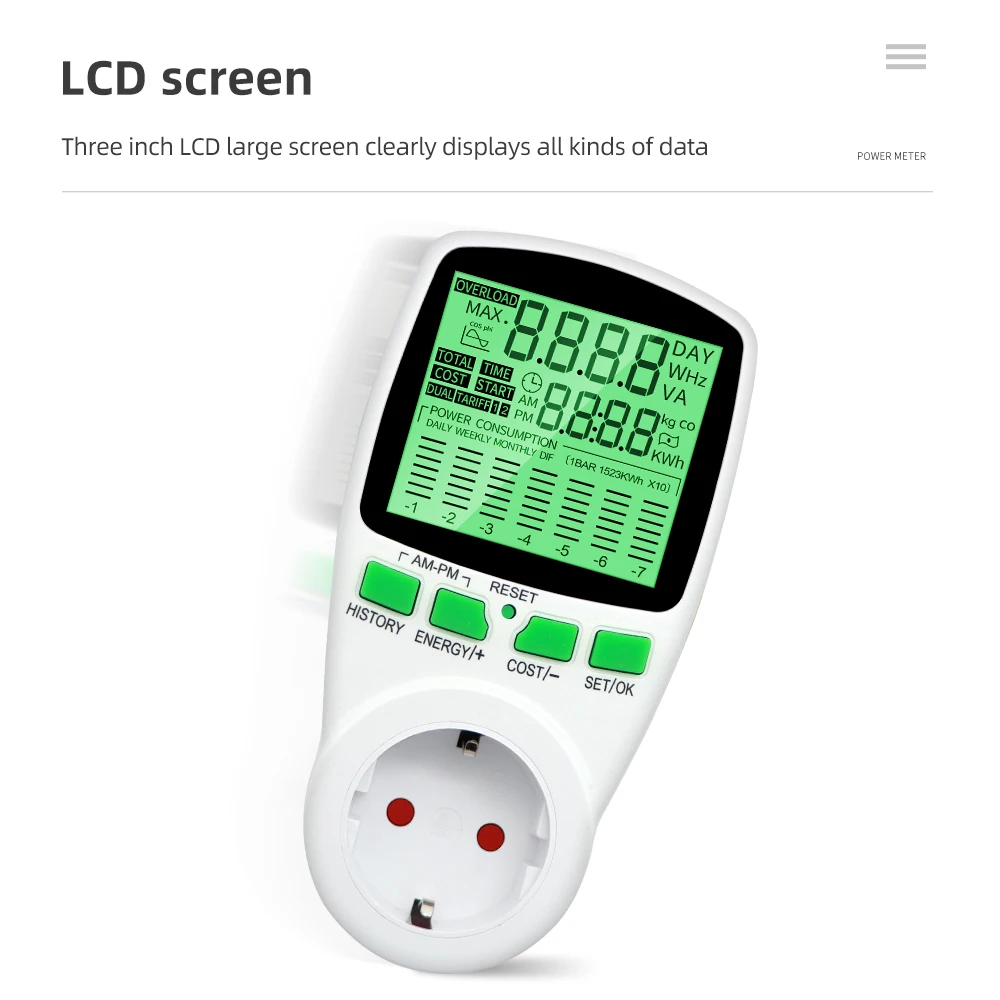 Digitaler Spannungs-Wattmeter, US/UK/EU-Steckdose, Energiezähler, Leistungsmesser für Wattzahl, kWh-Leistungsmesser mit Hintergrundbeleuchtung – Detail 5