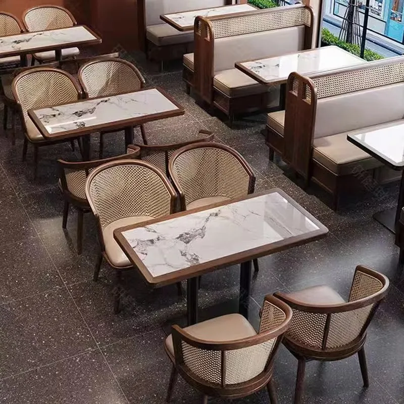 Modern Design Rattan Wooden Restaurant Booth Dining Table And Chairs Sets For Mall And Chain Restaurants With Customized Sizes T