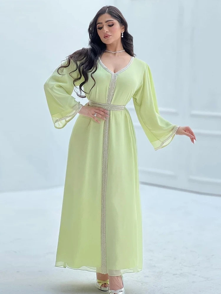 

Modest Muslim Women Dresses Light Green Chiffon Diamond Tape Trim V Neck Long Sleeve Loose Belted Arab Dubai Caftan Marocain Eid