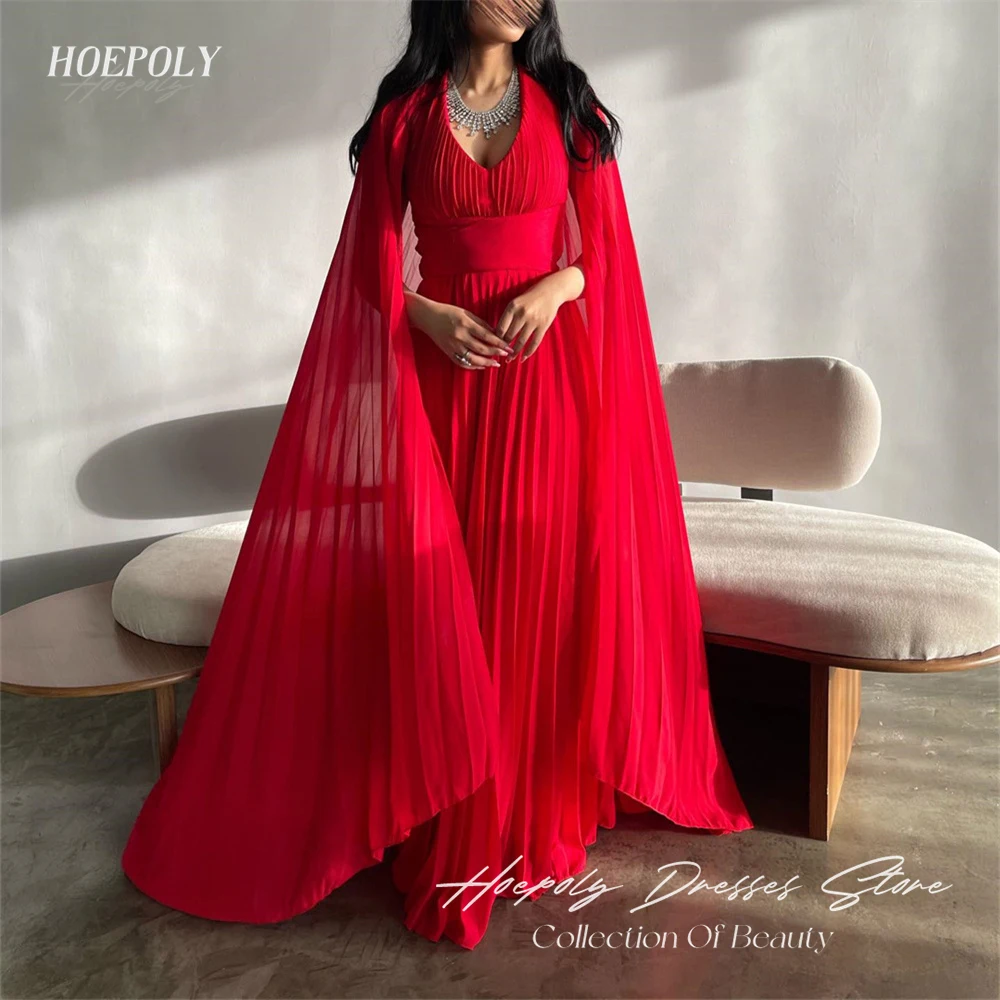 Hoepoly Pleat V Neck Full Sleeve Evening Dress For Woman Summer Style Fashion Simple Classy Party Long Prom Gown New 2023