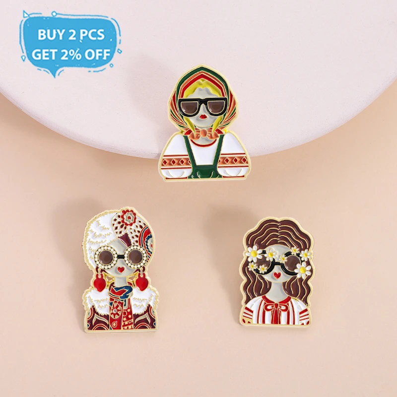 Cartoon Russian Girl National Clothing with Sunglasses Enamel Pin Russian Female Soldiers Avatar Brooch Lapel Badge Jewelry Gift