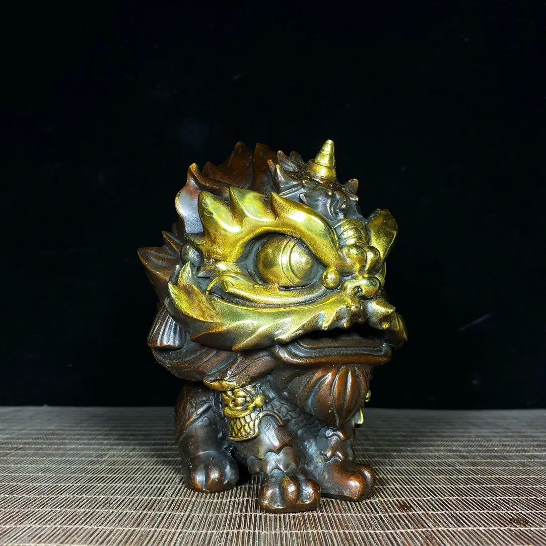 Vintage Gilded Brass Lion Kylin Statue Chinese Mythical Beast Feng Shui Decor