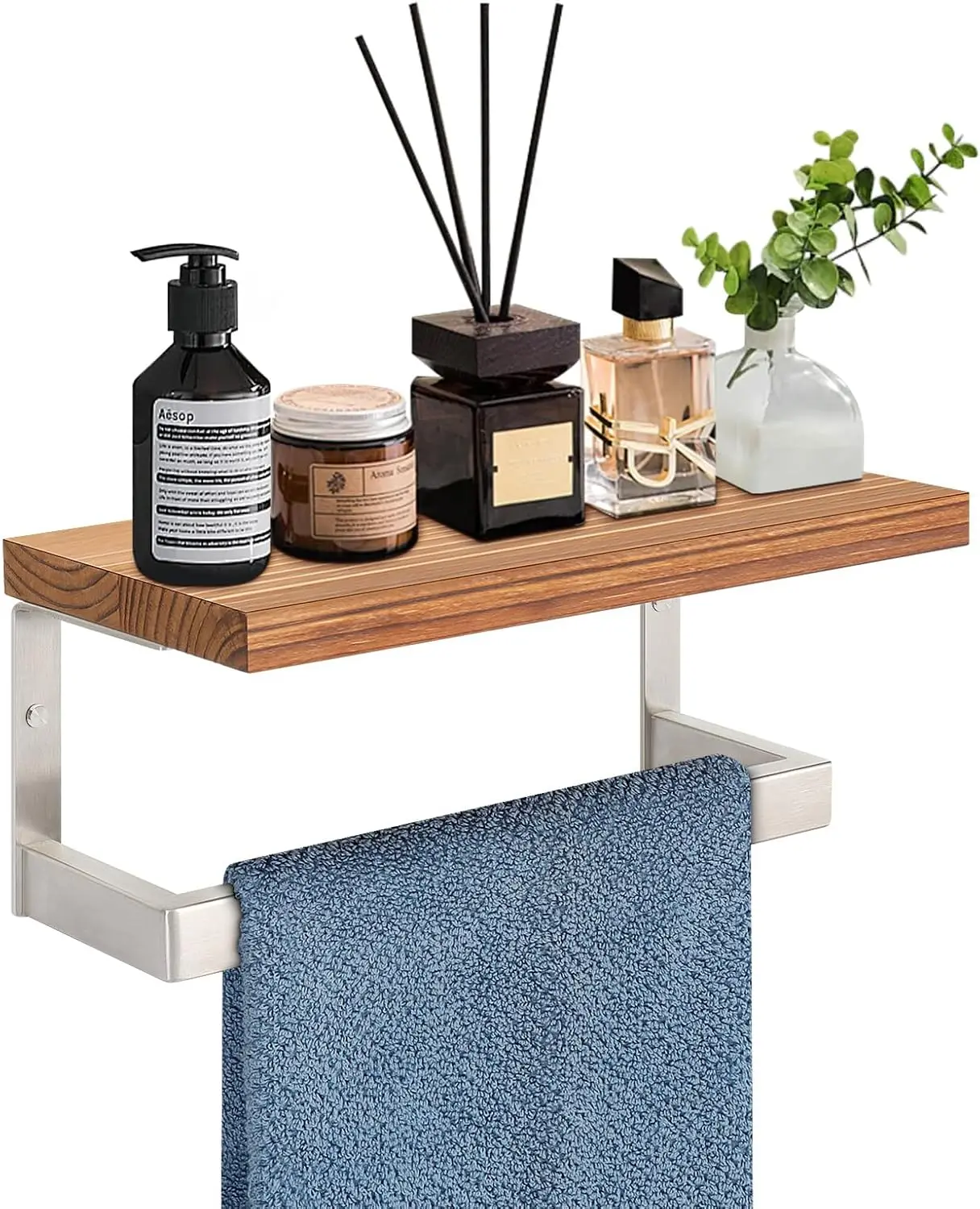 

Wall Mounted Towel Holder with Wooden Shelf, Brushed Nickel Bathroom Rack for Hand Towels