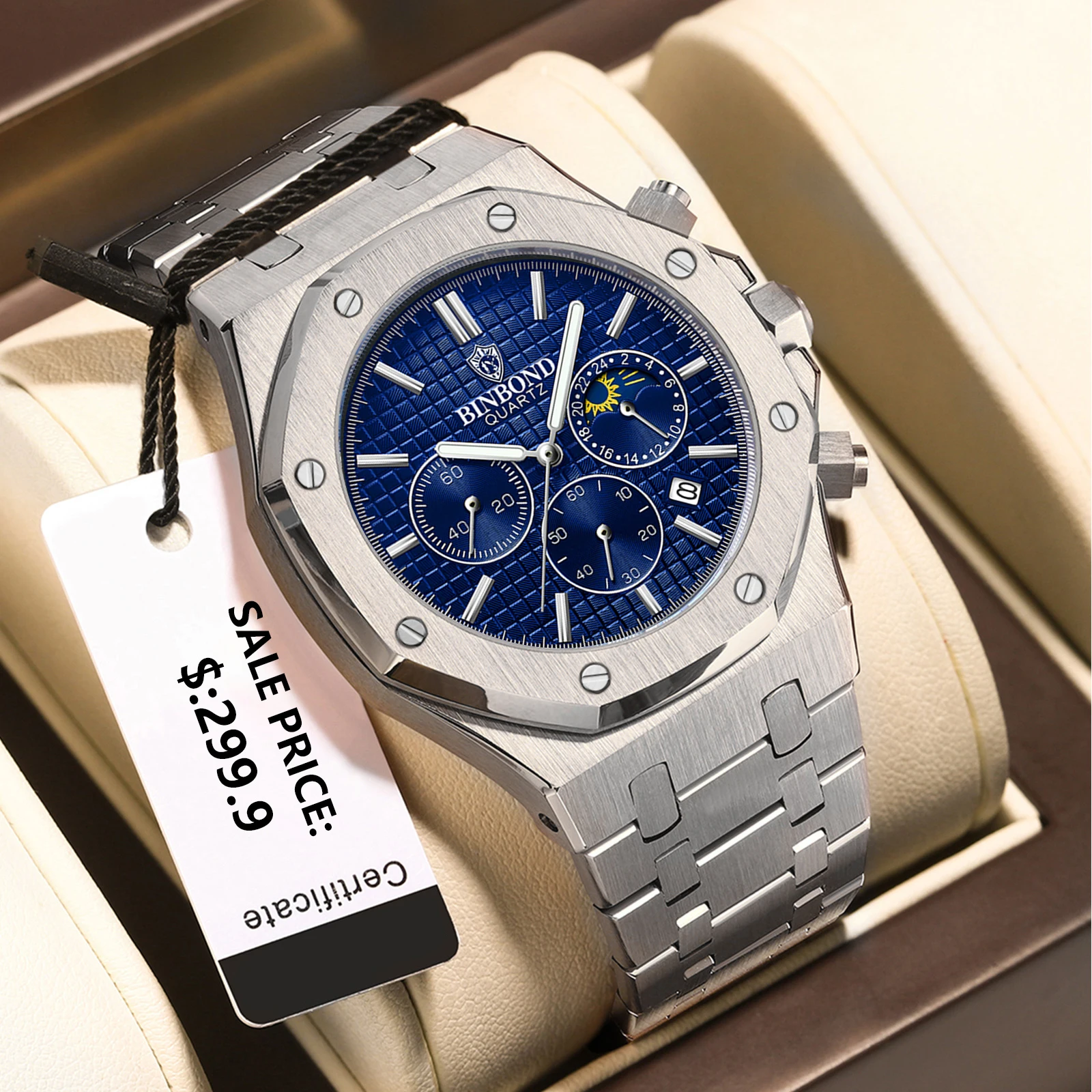 ساعات BINBOND Fine Steel للرجال، ساعة كوارتز أصلية للأعمال، مقاومة للماء، تاريخ مضيء، مرحلة القمر