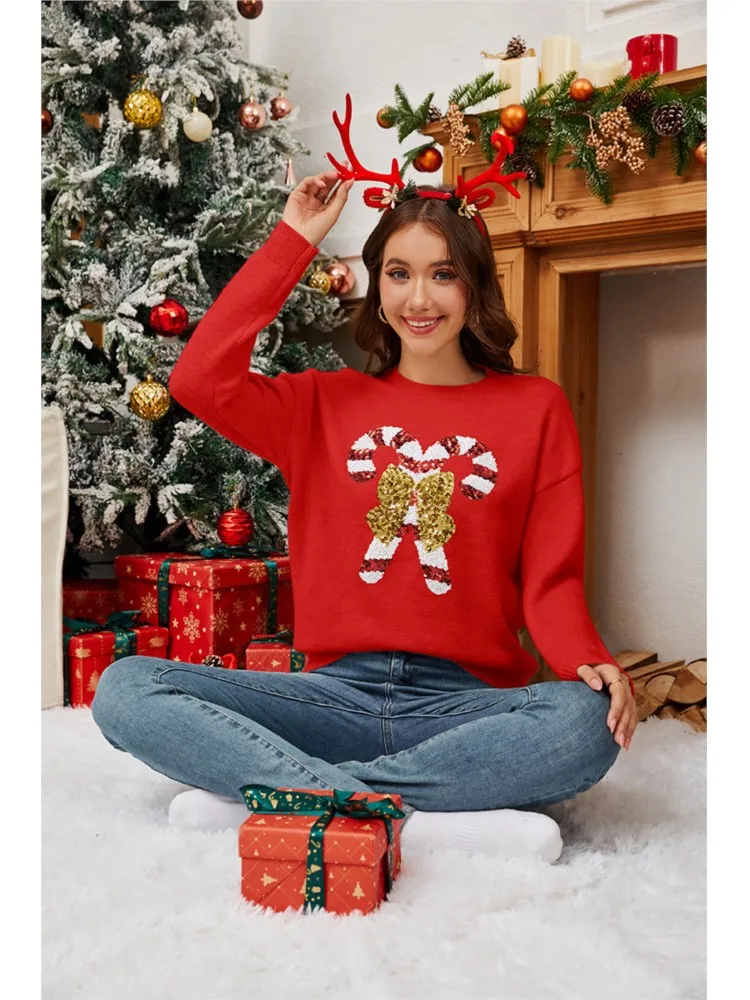 2025 クリスマスセーター レディース、蝶のスパンコールプリントスタイルのゆったりとしたプルオーバー、クリスマスの装いとギフトに最適な柔らかく暖かいニットウェア