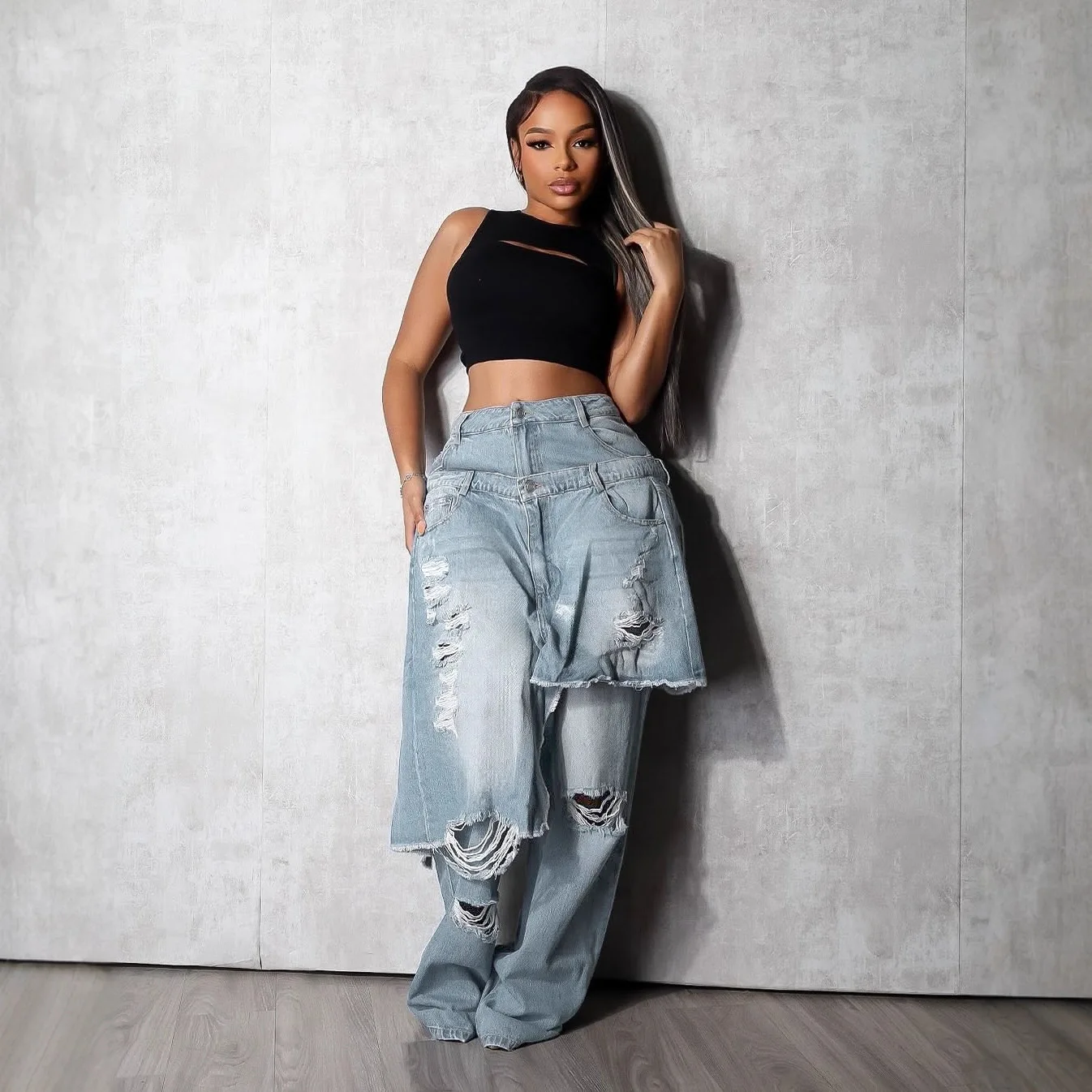 Layered Ripped Jeans High Waist Baggy Wide Leg Denim Pants Distressed Washed Vintage Y2K Streetwear Casual Women's Jeans