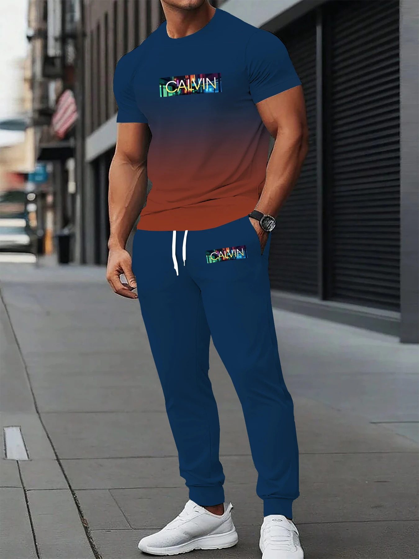 

Summer men's short sleeved T-shirt long pants 2-piece set with letter print soft and comfortable casual sports men's clothing