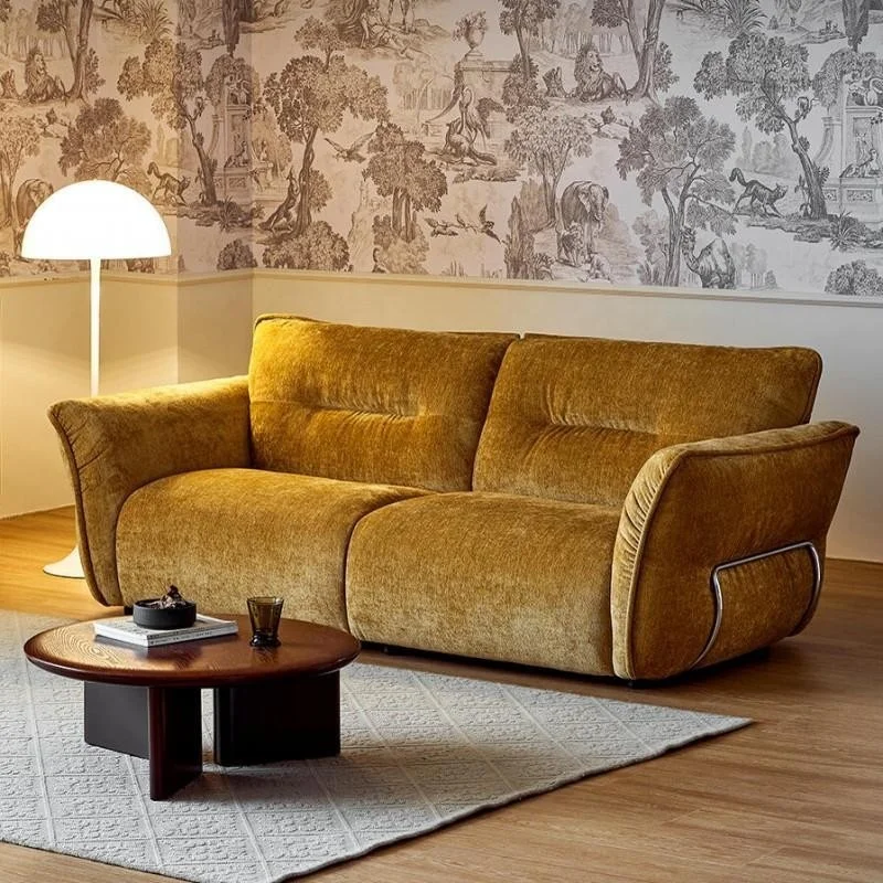 #Yellow Chenille Sofa Rounded Arms Metal Trim Split Seat Cushions Plush Backrest Mid-Century Modern Retro Living Room Furniture