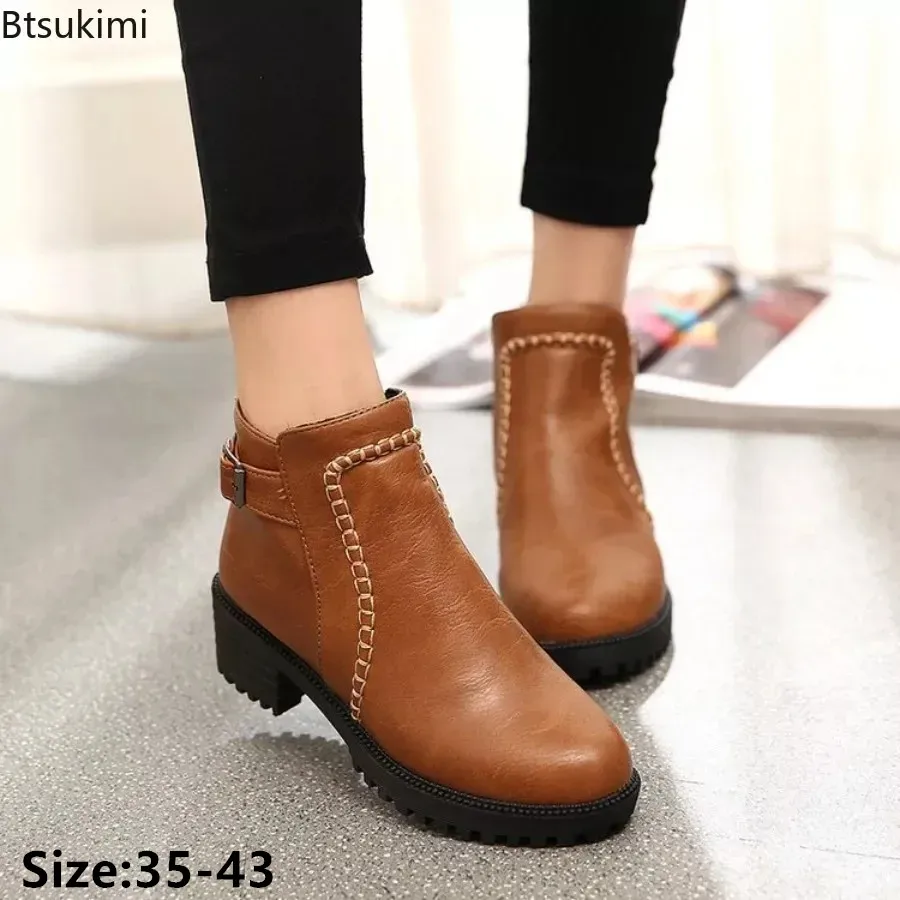 

New Women's Ankle Boot Zipper Low Chunky Heels Retro PU Leather Shoes for Women Belt Buckle Round Toe Casual Females Short Boots