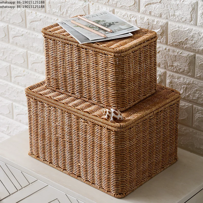 Storage Box Bedroom Laundry Organizer with Lid Imitation Rattan Woven Covered Storage Basket Wardrobe Storage Basket