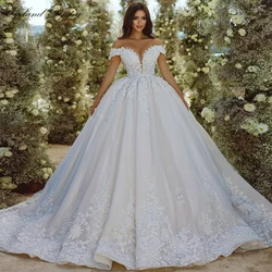 Lceland Poppy Customized Boat Neck Ball Gown Wedding Dresses Floor Length Beaded Lace Appliques Bridal Gowns