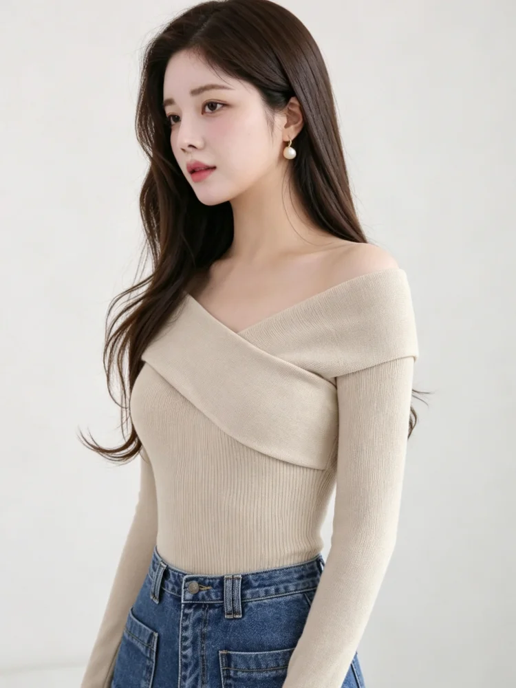 Women Off Shoulder Cross Wrap Knit Top Long Sleeve Ribbed Slim Fit Sweater Elegant Y2K Solid Color Casual Ladies Knitted Blouse