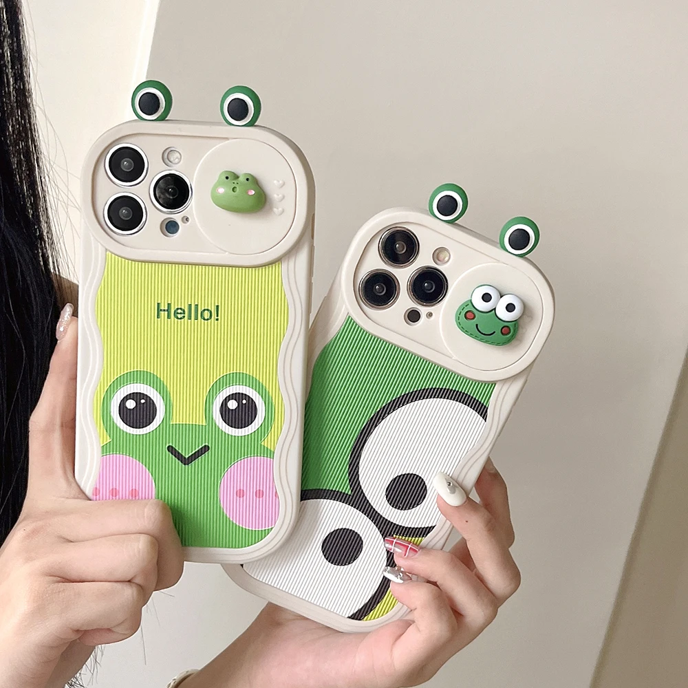 Pushing Window Wave Vertical Phone Case For iPhone 15 14 13 12 11 Pro Max Pattern Big Eyes and Big Face Frog Shockproof Cover