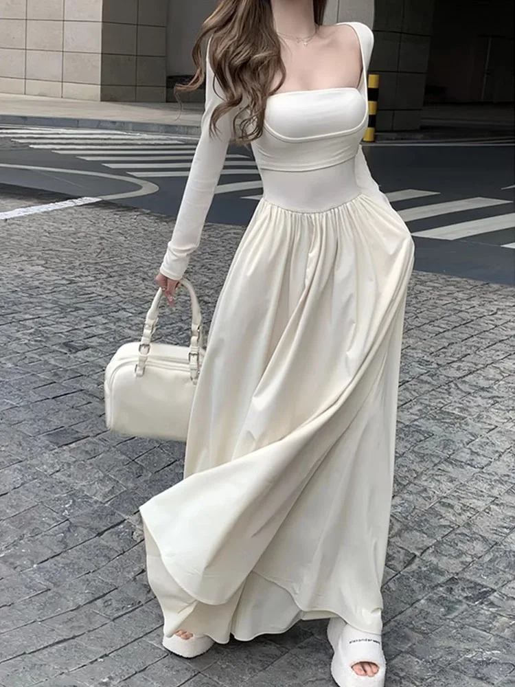 

Women's Long Sve Square Collar Dr Autumn Early Korean Sle Low Waist A-Line Skirt Commute Sle Fake Two-Piece Dr