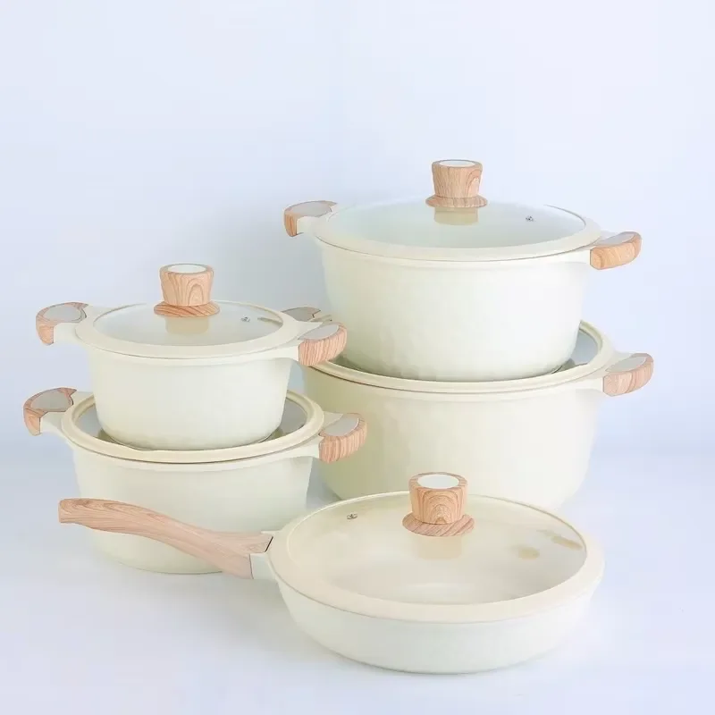10pcs Marble Non Stick Aluminum Cookware Set Die Cast Double Handle Pots Pans Kitchen Cooking Utensils For Induction Stove