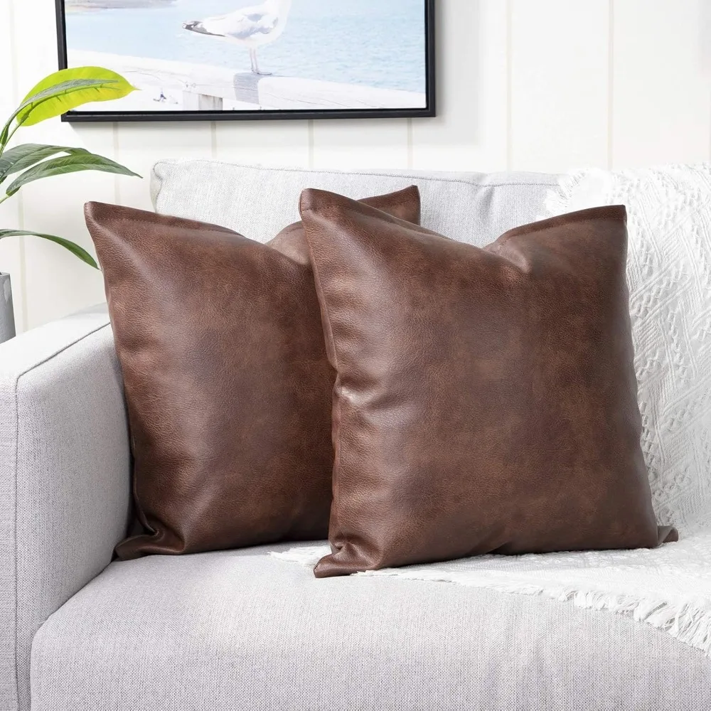 

Modern Faux Leather Throw Pillow Covers Set of 2 - Outdoor Cushion Cases for Sofa in Luxurious Solid Design