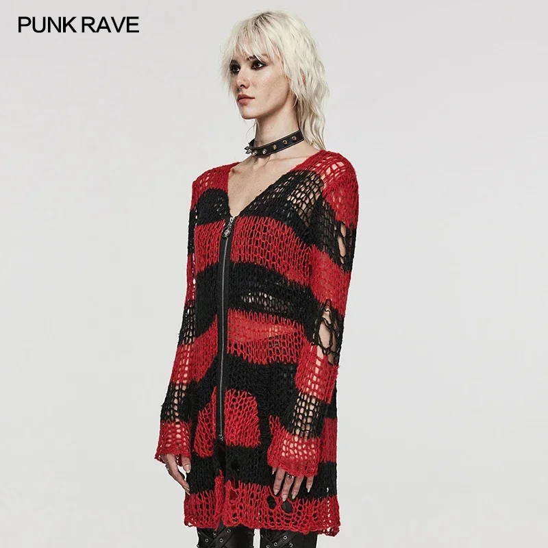 PUNK RAVE Women's Punk Style Irregular Personality Holes Striped Cardigan Sweater Fashion Casual Woven Soft Woo