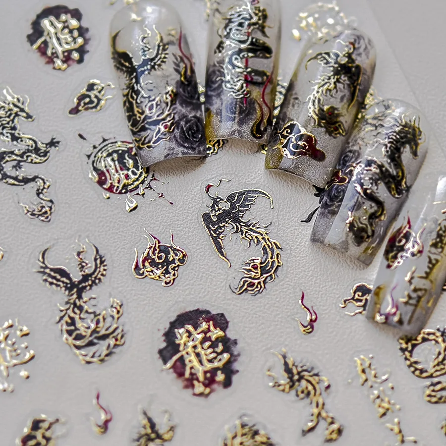 5D süßer Muschel-Licht-Maniküre-Aufkleber, hochwertige geprägte Drachen und Phönix, exquisiter, beliebter Retro-Nageldekorationsaufkleber