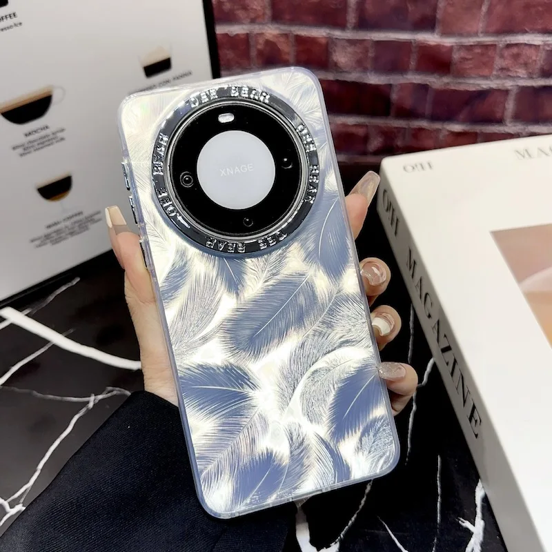 Shine Feather Pattern IMD Phone Case For Huawei Pura70 P40 Mate60Pro+ P50 Mate30 Mate40 P60Pro Full Cover Back Body Protection