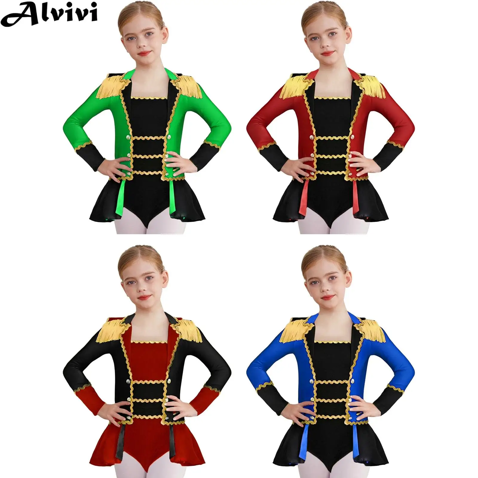 

Kids Girl Long Sleeve Zipper Pleated Overlay Circus Ringmaster Leotard Dress Halloween Carnival Magician Showman Cosplay Costume