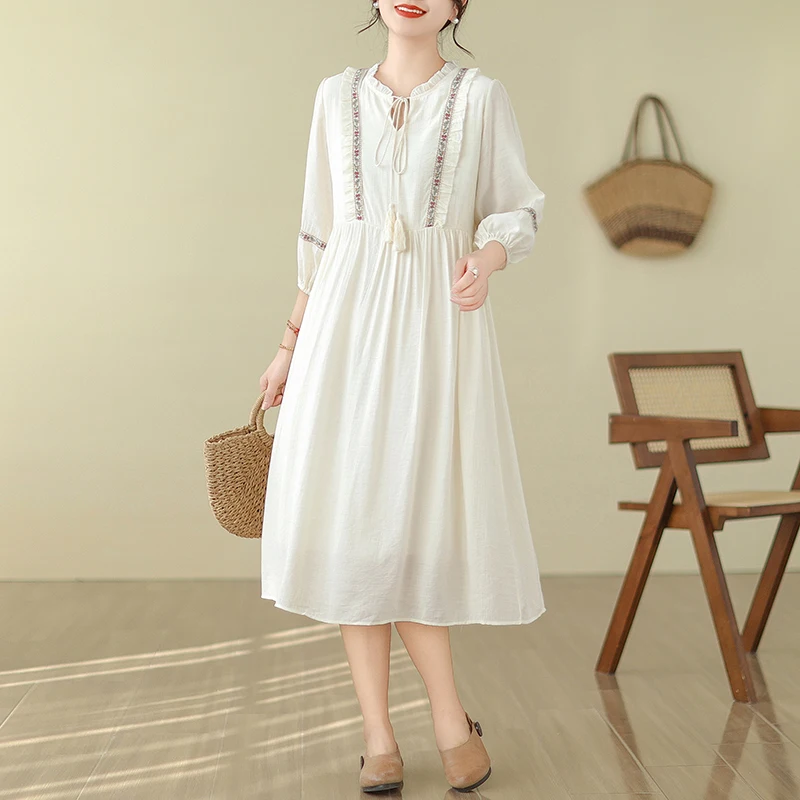 

Women High Quality Ramie Vintage Embroidery Dress 2024 Summer Casual Oversize Floral Loose Ladies Cotton Holiday Long Dress F155