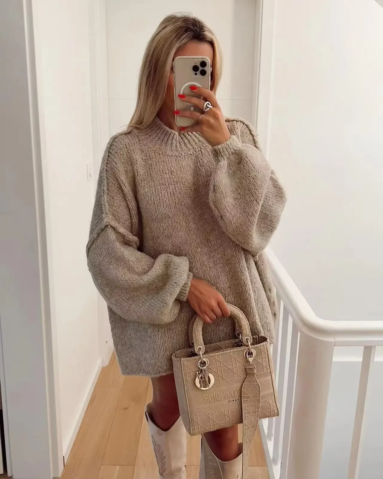 Women Loose Long Lantern Sleeve Pullover Elegant O-neck Thick Knitted Sweater 2023 Autumn Fashion Solid Casual Street Lady Top