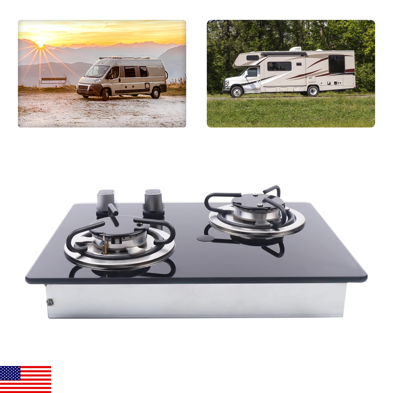 موقد غاز RV موقد غاز 2 شعلات 2*1.8KW قوة الزجاج المقسى لوحة غاز كوك العلوي لتخييم القافلة