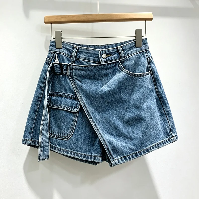 European Style Women Irregular High Waist Denim Skorts Summer Vintage Wide Leg Slim Versatile Casual Jean Shorts for Ladies