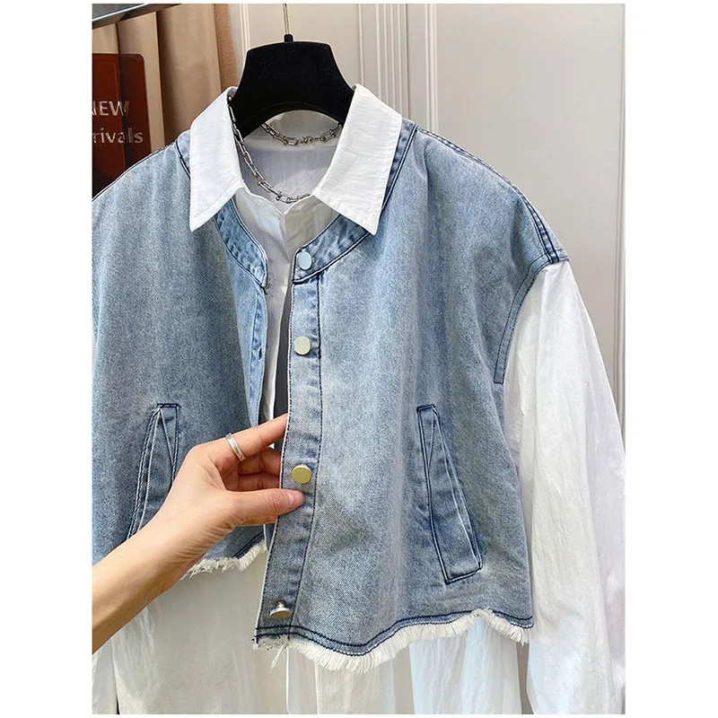 Cowboy Vest Fake Two Shirts Women 2024 New Spring Summer Autumn Clothing Mid-Length Loose Casual Shirt Jacket Female Tops 4XL