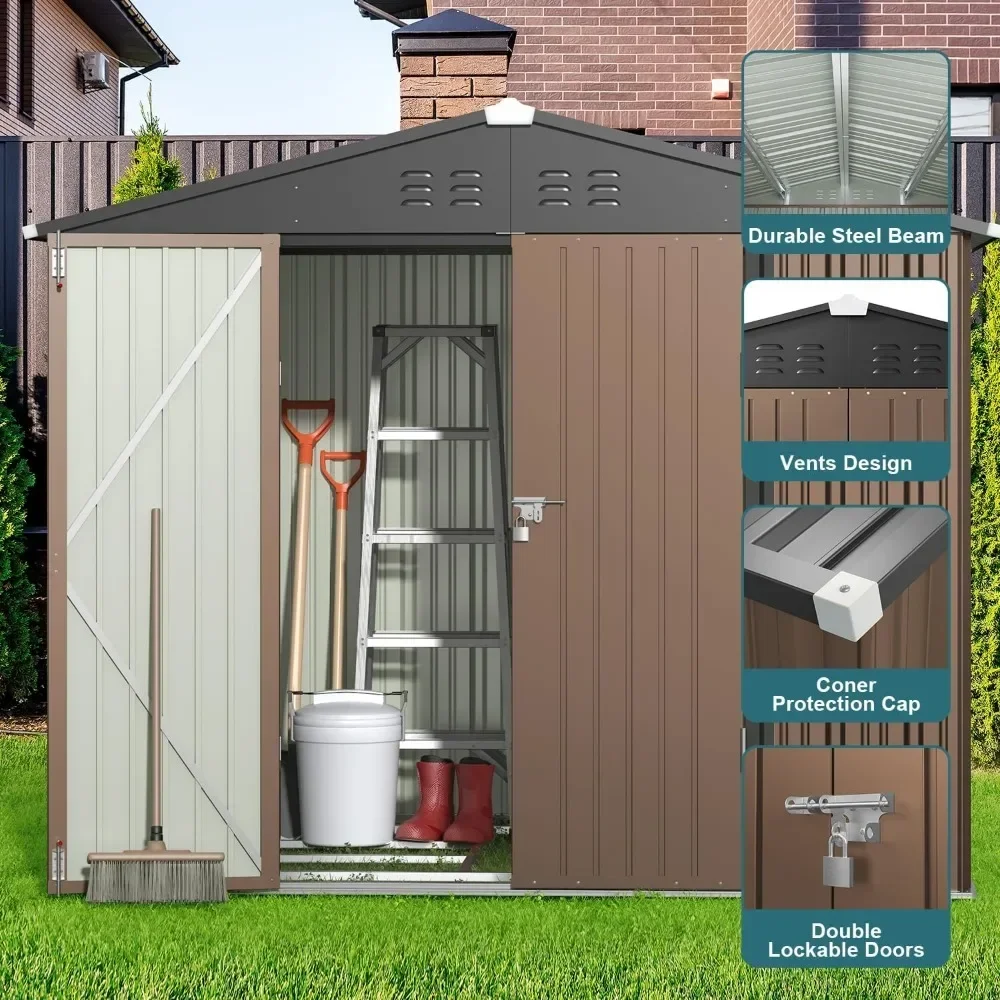 Outdoor Storage Shed 8 x 6 FT with Metal Base Frame, Galvanized Metal Garden Shed with Double Lockable Doors, Storage Clearance