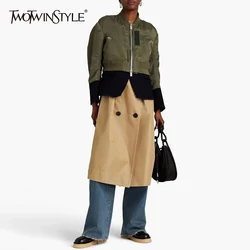 TWOTWINSTYLE Colorblock Streetwear Patchwork Button Coat For Women Stand Collar Long Sleeve Spliced Zipper Designer Coats Female
