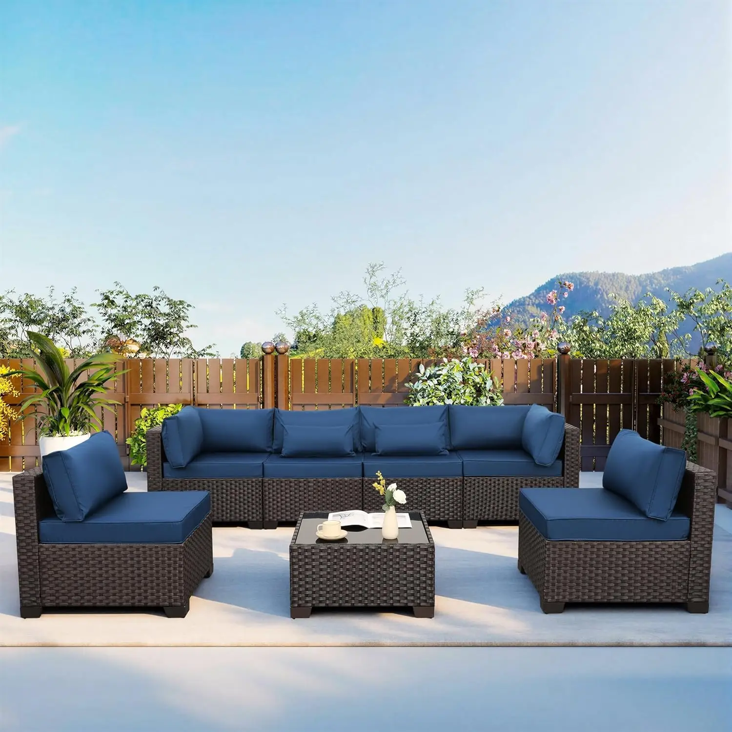 Outdoor Patio Wicker Sectional Sofa 7pc Brown Rattan Set With Coffee Table Anti-Slip Thick Blue Cushion, Customized