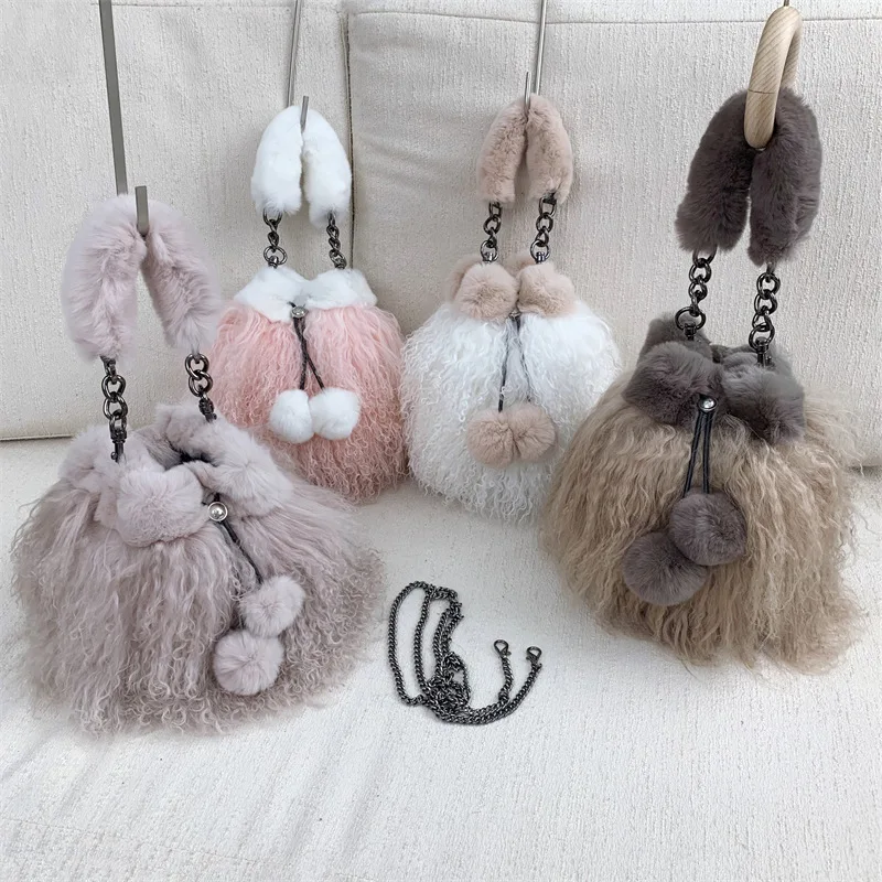 

Luxury Real Fox Fur Tote Handbags Women Tan wool rabbit hair splicing Shopper Ladies Furry Plush Shoulder Bag Female Handle Bags