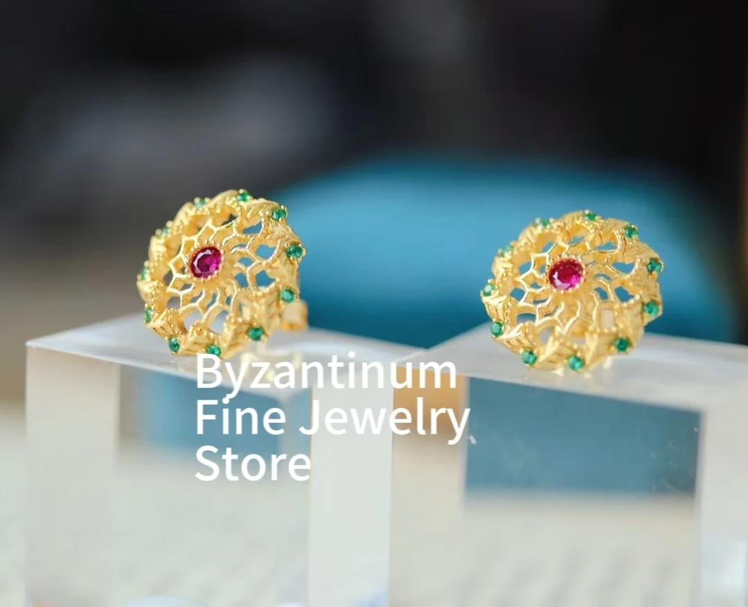 Genuine Bucci Craft Vintage 925 Silver Hollow Ear Stud 18K Gold Filled Ruby Lace Floral Earrings Women Anti-rust Daily Jewelry