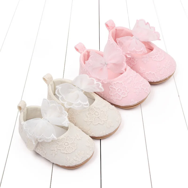 Meckior New Baby Princess Girl Shoes Bow Cute Lace Rubber Sole Soft Anti-slip Embroidery Flower First Walker Toddler Girls Shoes