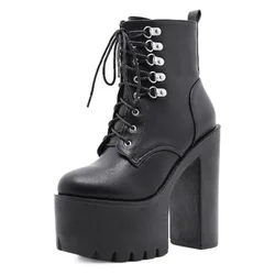 NEW Autumn and Winter Boots Chunky-Heel 15CM Platform Heels Short Boot Lace-up Casual Fashion Shoes Botas Mujer Large size 35-42