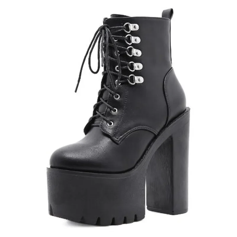 NOWE buty jesienne i zimowe Chunky-Heel 15CM platformy obcasy krótkie buty sznurowane modne buty na co dzień Botas Mujer duże rozmiary 35-42