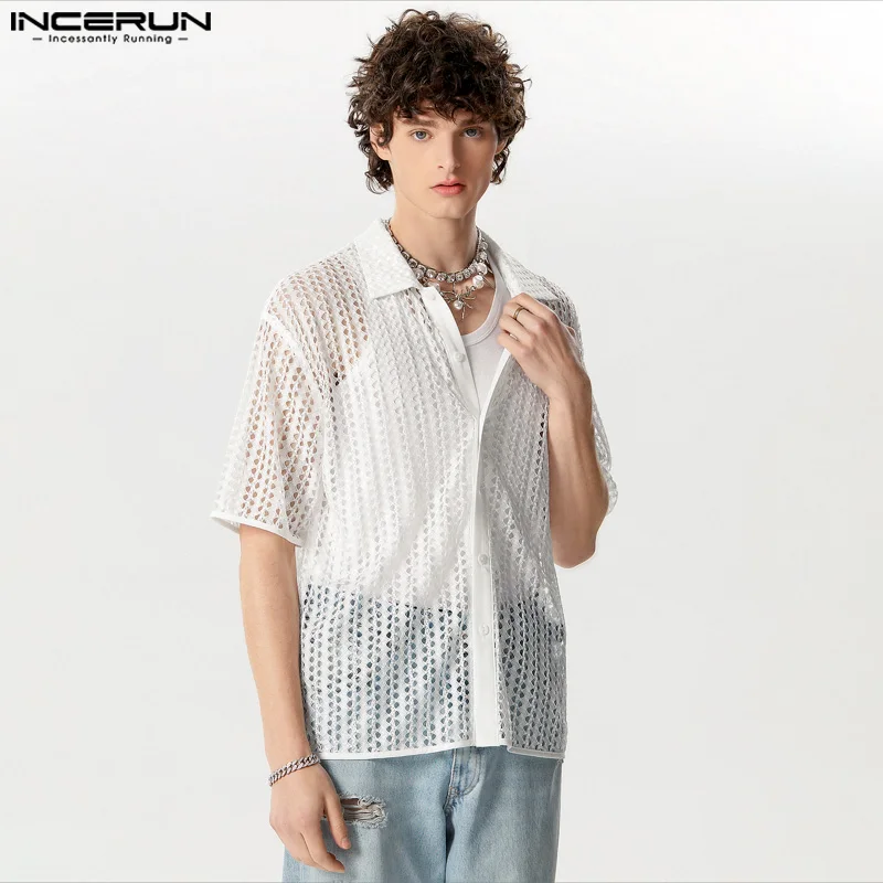 INCERUN Y-2024 Style Américain Nouveaux Hommes Creux Sexy PerconsiderThin Chemises Casual Streetwear Simple À Manches Courtes Blouse S-5XL