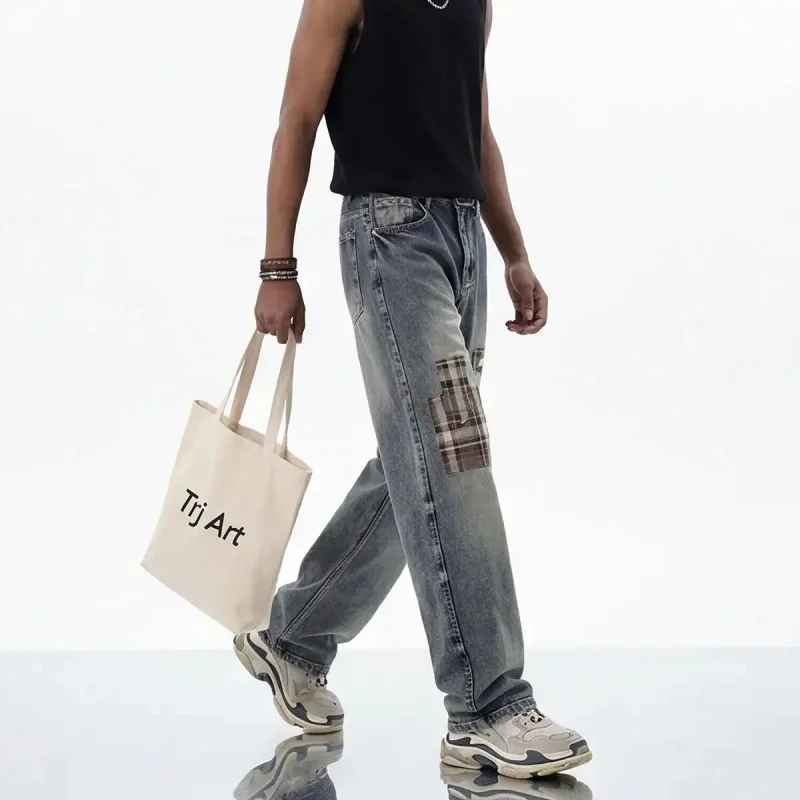 2026 Men's Wide-Leg Dark-Colored Jeans, Plaid Pattern Quilted Denim Pants, Loose Streetwear, Vintage Y2K Hip Hop Style, Retro Ca