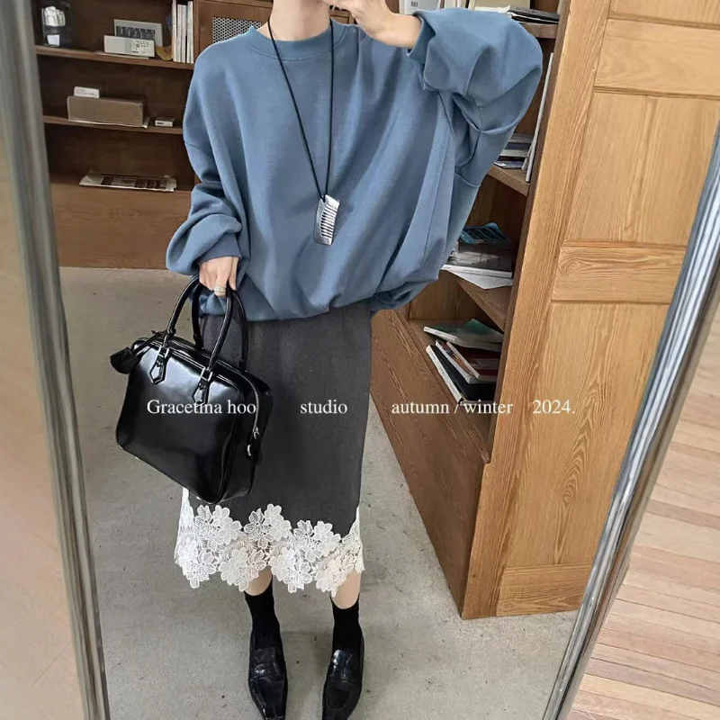 Women Lace Stitching Straight Woolen Skirt with Fashion Loose Versatile Sweet Elegant Casual Small Fragrance Grey Lady Skirt