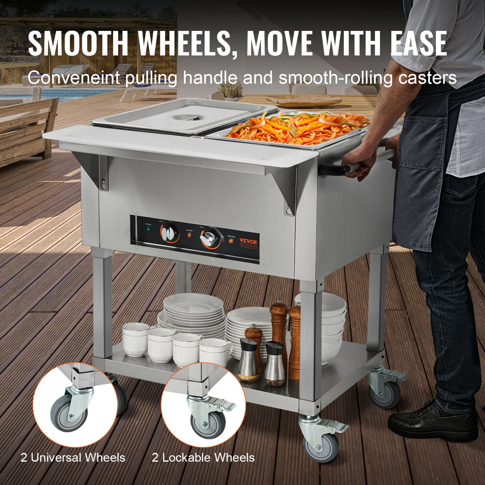 VEVOR 2-Pan جهاز تسخين الطعام التجاري 2x20.6QT طاولة بخار كهربائية 1000 واط بوفيه احترافي لتخفيف الطعام مع 4 عجلات